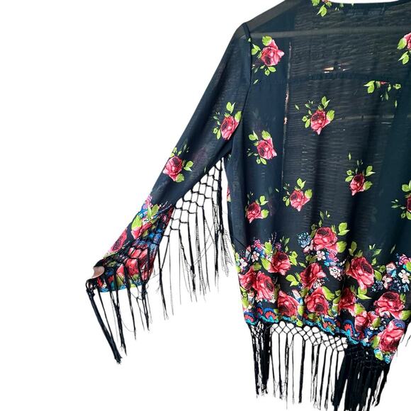 ZARA x Womens Black Floral Fringe Jacket Kimono Sz Large/Oversized - Picture 2 of 4